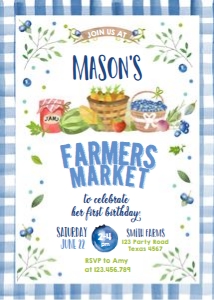 Birthday Invitation Farmers Market Gingham Vertical Blueberry 0144 design preview