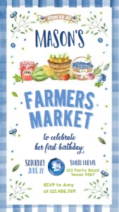 Birthday Invitation Farmers Market Gingham Vertical Blueberry 0144 Phone design preview