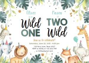 Birthday Invitation Safari Animals Party Hats Joint Birthday Boy Wild One Two Wild 0163 design preview