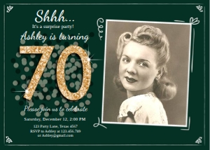 Birthday Invitation Adult Green Gold Glitter 70 Photo design preview