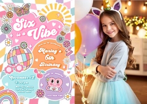 Invitation Birthday Groovy Colorful Six is a Vibe Photo 0524 design preview