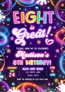 Birthday Invitation Neon Glow Eight is Great Girl 0537 design preview