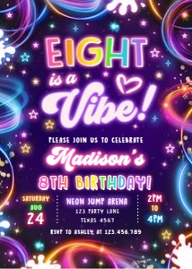 Birthday Invitation Neon Glow Eight is a Vibe Girl 0537 design preview