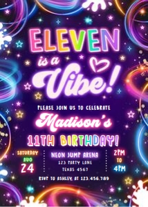 Birthday Invitation Neon Glow Eleven is a Vibe Girl 0537 design preview
