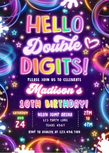 Birthday Invitation Neon Glow Hello Double Digits Girl 0537 design preview