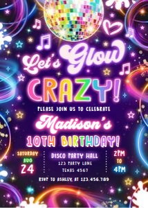 Birthday Invitation Neon Glow Let's Glow Crazy Girl 0537 design preview