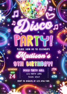 Birthday Invitation Neon Glow Disco Party Girl 0537 design preview