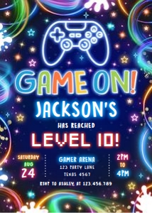 Birthday Invitation Neon Glow Game On Boy 0537 design preview