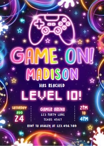 Birthday Invitation Neon Glow Game On Girl 0537 design preview