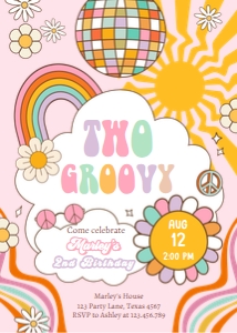 Invitation Birthday Two Groovy Sun Retro Pink 0538 design preview