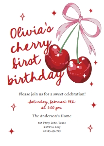 Birthday Invitation Cherry First Birthday Pink Back 0539 design preview