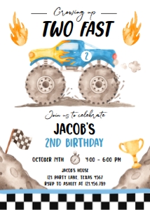 Birthday Invitation Monster Truck Blue Two Fast 0541 design preview