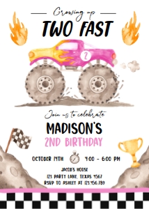 Birthday Invitation Monster Truck Pink Two Fast 0541 design preview