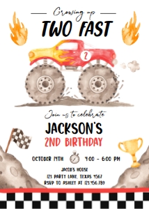 Birthday Invitation Monster Truck Red Two Fast 0541 design preview