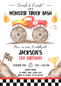 Birthday Invitation Monster Truck Red Smash and Crash 0541 design preview