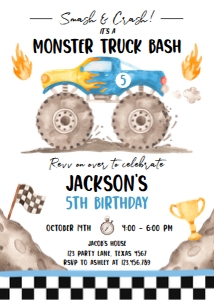 Birthday Invitation Monster Truck Blue Smash and Crash 0541 design preview
