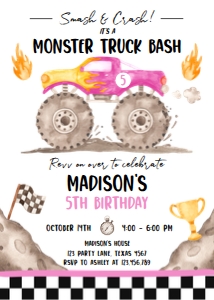 Birthday Invitation Monster Truck Pink Smash and Crash 0541 design preview
