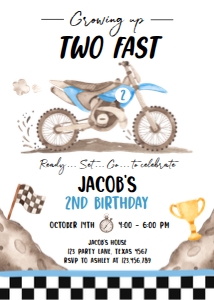 Birthday Invitation Dirt Bike Blue Two Fast 0542 design preview