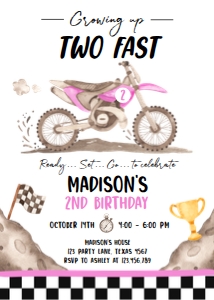 Birthday Invitation Dirt Bike Pink Two Fast 0542 design preview
