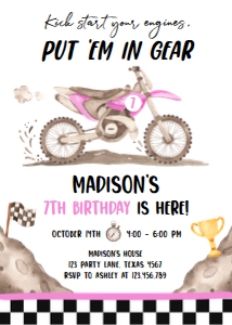 Birthday Invitation Dirt Bike Pink Kick Start 0542 design preview