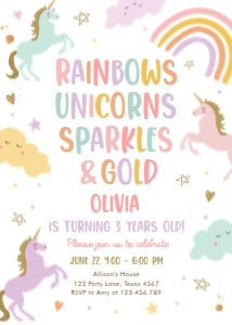 Birthday Invitation Unicorn Simple Rainbows Unicorns Sparkles Gold 0426 design preview
