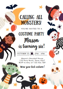 Invitation Halloween Costume Kids White Calling All Monsters Vertical 0473 design preview