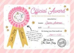 Tooth Fairy Certificate with Award Girl 0526 design preview