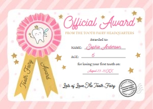 Tooth Fairy Certificate with Award Girl v2 0526 design preview