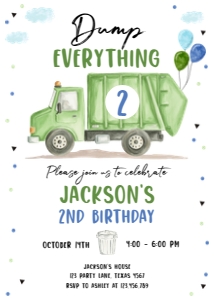 Birthday Invitation Garbage Truck Dump Everything 0565 design preview