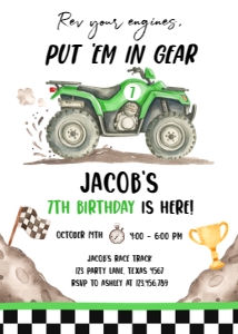 Birthday Invitation Quad Rev Your Engines Green 0566 design preview
