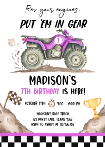 Birthday Invitation Quad Rev Your Engines Purple 0566 design preview
