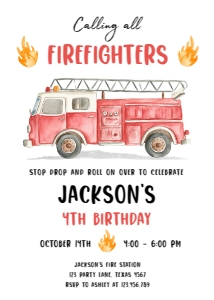 Birthday Invitation Firetruck Calling All Firefighters v2 0564 design preview