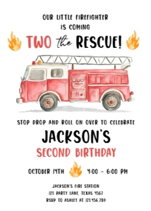 Birthday Invitation Firetruck Two the Rescue v2 0564 design preview