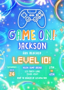 Birthday Invitation Neon Glow Light Blue Game On 0568 design preview