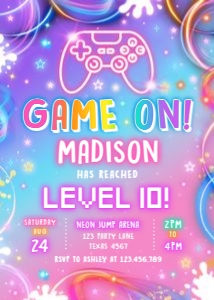 Birthday Invitation Neon Glow Light Pink Game On 0568 design preview