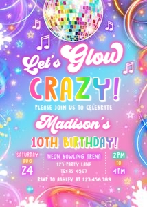 Birthday Invitation Neon Glow Light Pink Let's Glow Crazy 0568 design preview