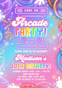 Birthday Invitation Neon Glow Light Pink Arcade Party 0568 design preview