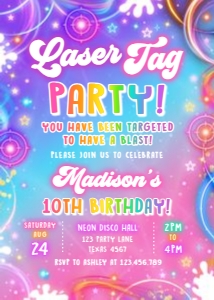 Birthday Invitation Neon Glow Light Pink Laser Tag 0568 design preview