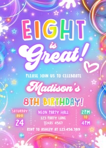 Birthday Invitation Neon Glow Light Pink Eight is Great 0568 design preview