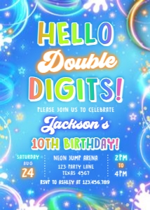 Birthday Invitation Neon Glow Light Blue Hello Double Digits 0568 design preview