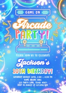Birthday Invitation Neon Glow Light Blue Arcade 0568 design preview