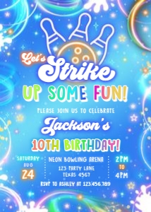 Birthday Invitation Neon Glow Light Blue Bowling 0568 design preview