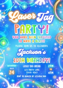 Birthday Invitation Neon Glow Light Blue Laser Tag 0568 design preview