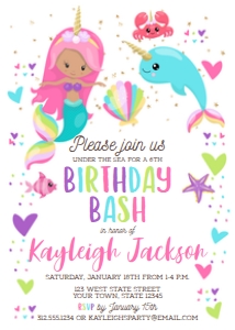 Mermaid Rainbow Unicorn Birthday Party Invitation design preview