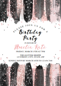 Glitter Pink Black Birthday Party Invitation design preview