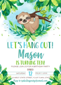 Sloth Boy Birthday Party Invitation design preview