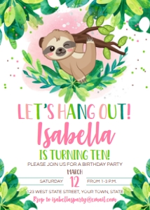 Sloth Girl Birthday Party Invitation: Sloth Girl Birthday Party Invitation