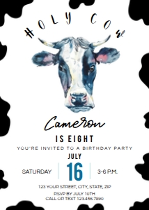 Cow Watercolor Blue Birthday Party Invitation design preview