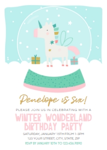 Snowglobe Unicorn Birthday Party Invitation design preview