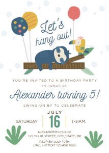 Sloth on Tree Birthday Party Invitation: Sloth on Tree Birthday Party Invitation